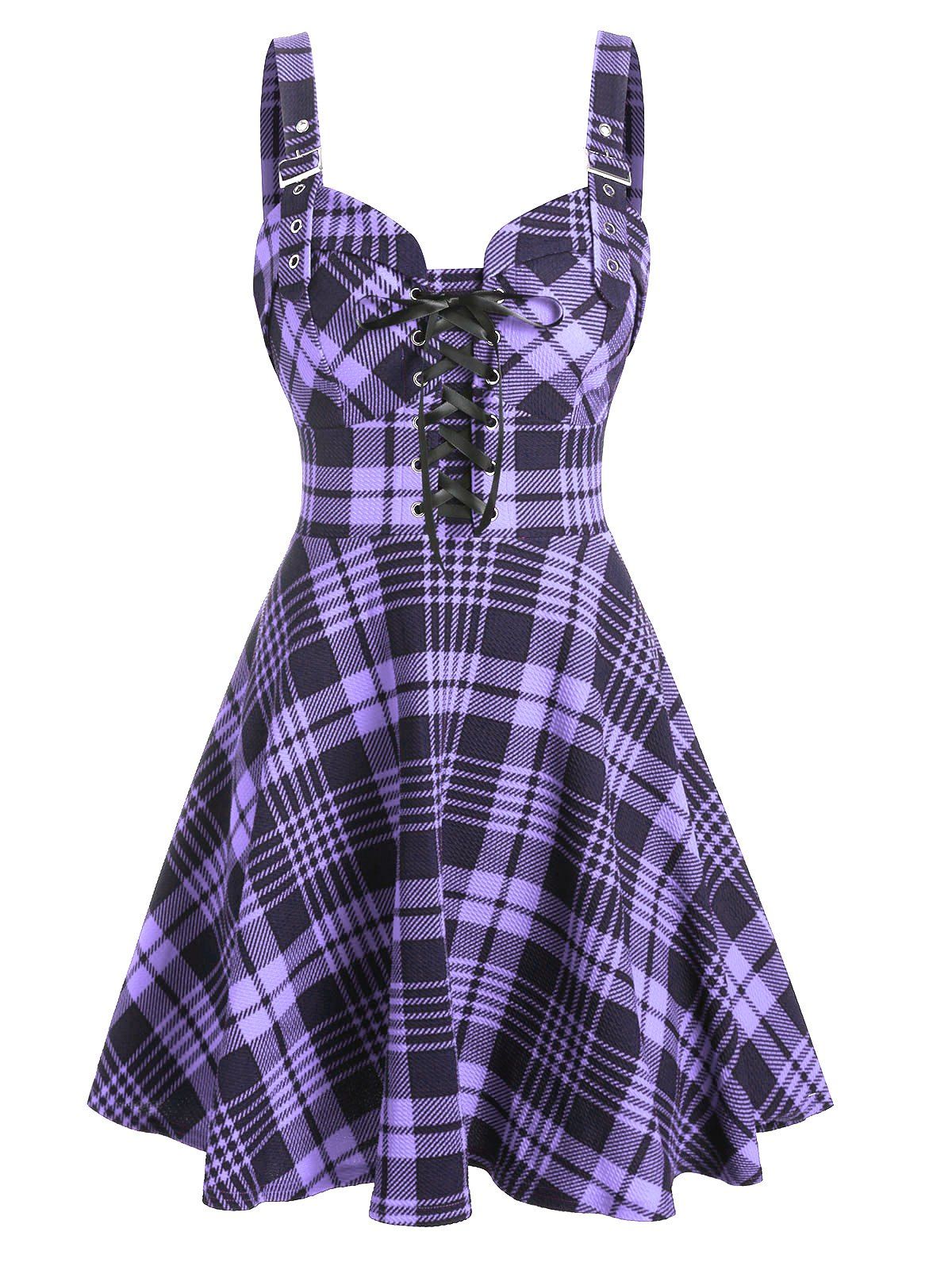 Plaid Print Lace-up Buckle Strap Sleeveless Dress - PURPLE L