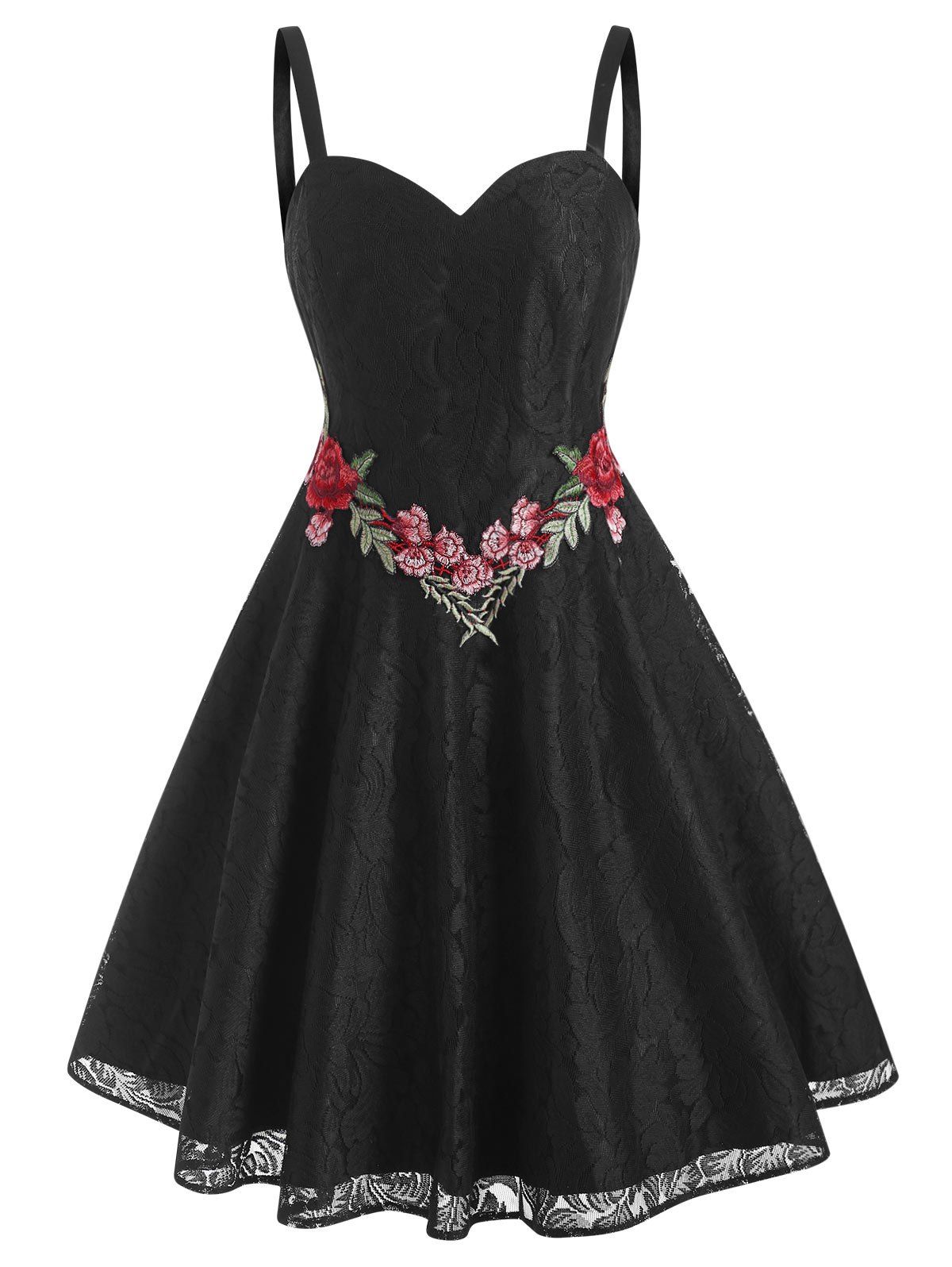 Lace Flower Applique Cami Cocktail Party Dress - BLACK S