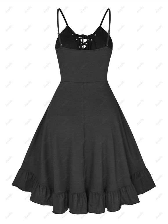 Robe Panneau en Dentelle à Volants à Lacets en Ligne A - Noir XXXL