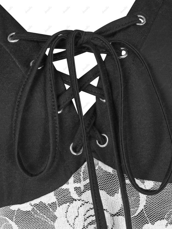 Robe Panneau en Dentelle à Volants à Lacets en Ligne A - Noir XXXL