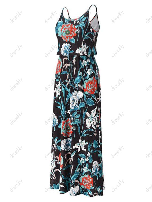 Bohemian Vacation Dress Flower Print Maxi Sundress Layer Adjustable Strap Backless Long Dress 
