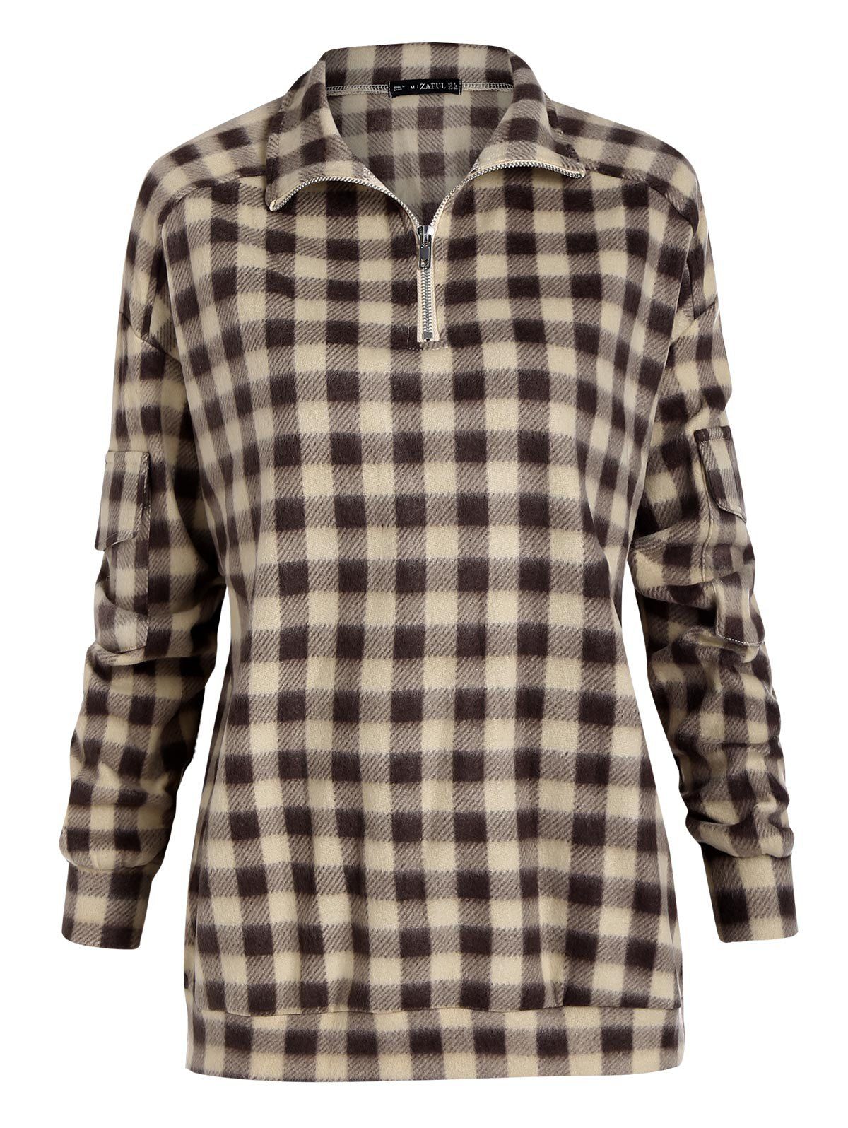 Plaid Zip Front Flap Pockets Flannel Sweatshirt - DEEP COFFEE XL