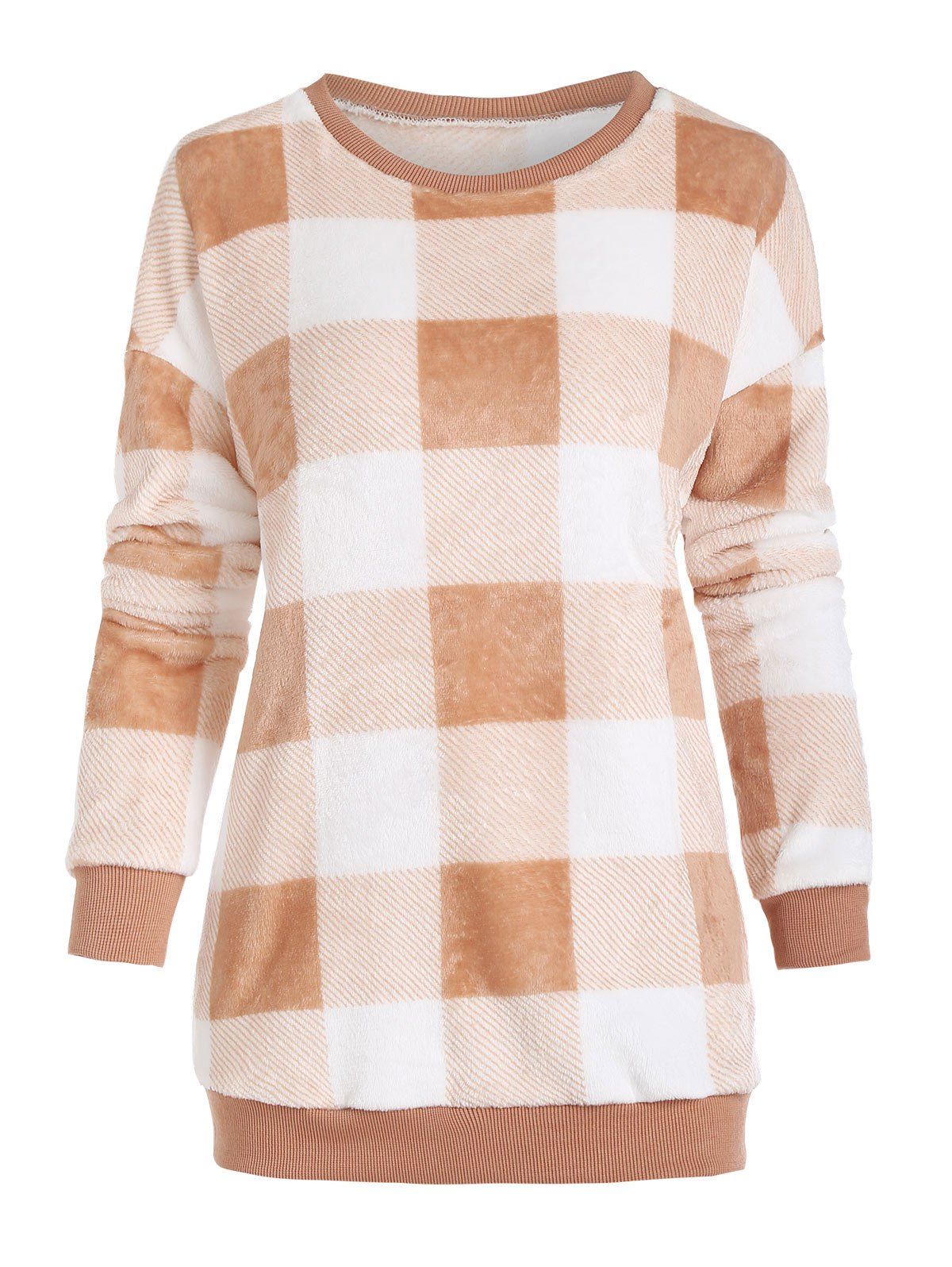 Fleece Drop Shoulder Plaid Oversized Sweatshirt - LIGHT ORANGE XL
