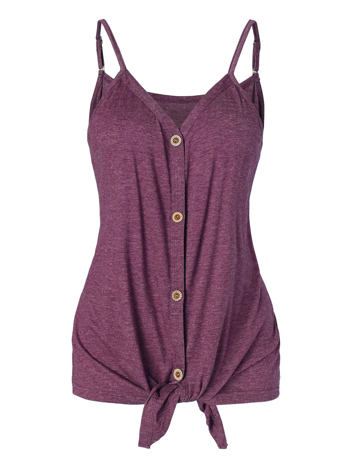 Button Up Front Tied V Neck Strappy Heathered Camisole - PURPLE S