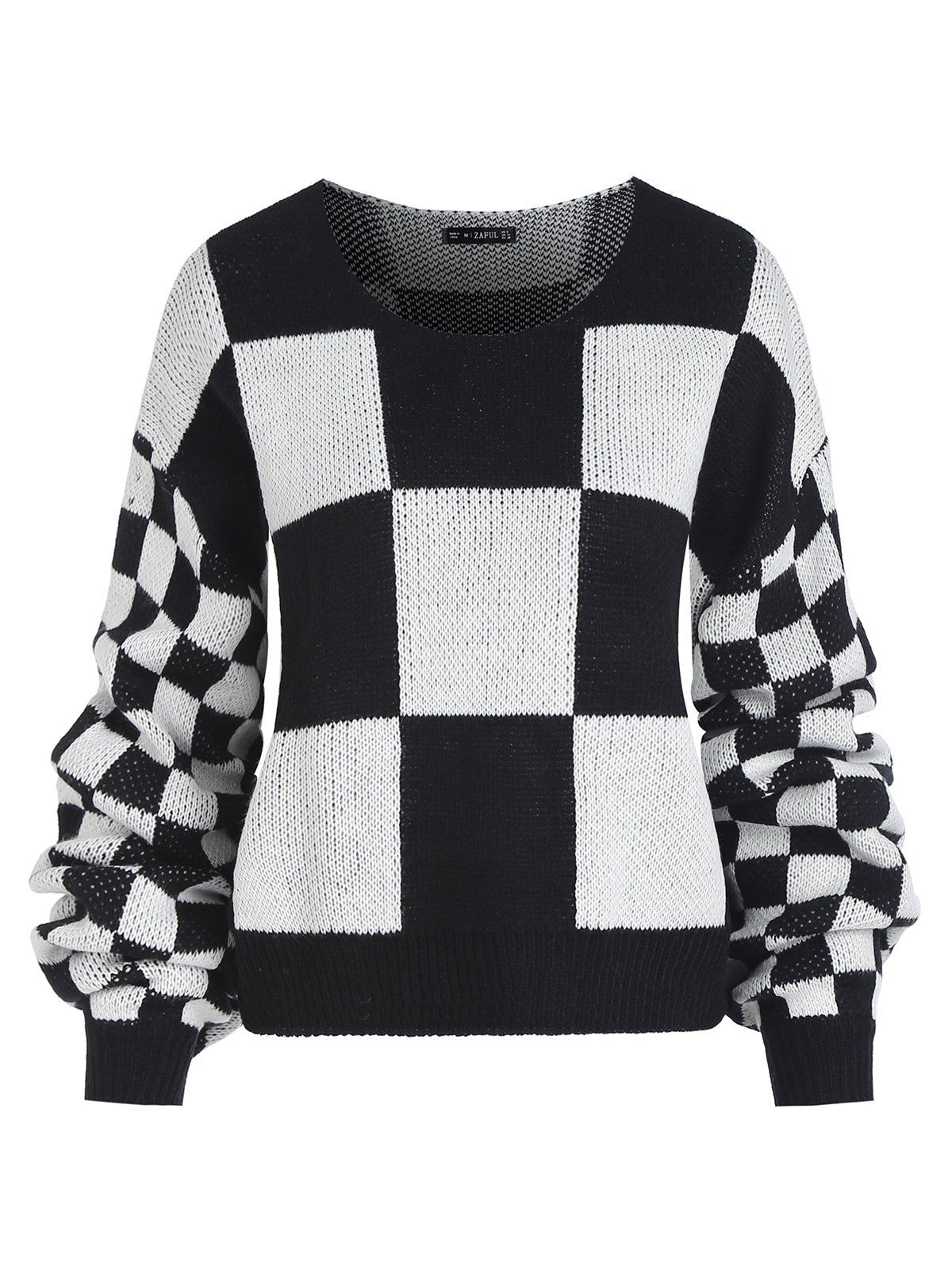 Checkerboard Plaid Drop Shoulder Sweater - BLACK M