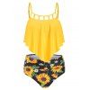 Vacation Tankini Swimwear Tummy Control Swimsuit Sunflower Cut Out Ruched Beach Bathing Suit - YELLOW M