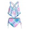 Bohemian Tankini Swimsuit Floral Plaid Print Swimwear Cinched Crisscross Tummy Control Bathing Suit - LIGHT PURPLE M