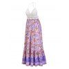 Bohemian Crochet Panel Floral Print Fringed Contrast Backless Long Dress - PURPLE XL