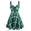 Summer Vintage Plaid Print Lace-up Buckle Corset Style Strap Mini Dress - LIGHT GREEN S