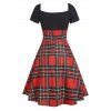 Plaid Corset Waist Lace Up Kotted A Line Dress - RED M
