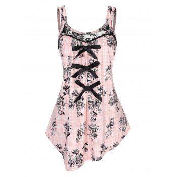 

Sweet Plaid Floral Print Asymmetrical Bowknot Cami Tank Top, Light pink