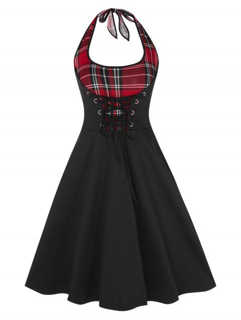 Plaid Print Pin Up Dress Grommet Lace Up Halter Bowknot Backless A Line Dress
