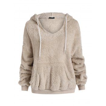 

Faux Fur Drawstring Pocket Hoodie, Light khaki