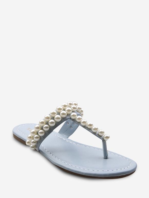 Sandales avec Sangle T et Ornées de Perles Fantaisies - Bleu Ciel Léger EU 39
