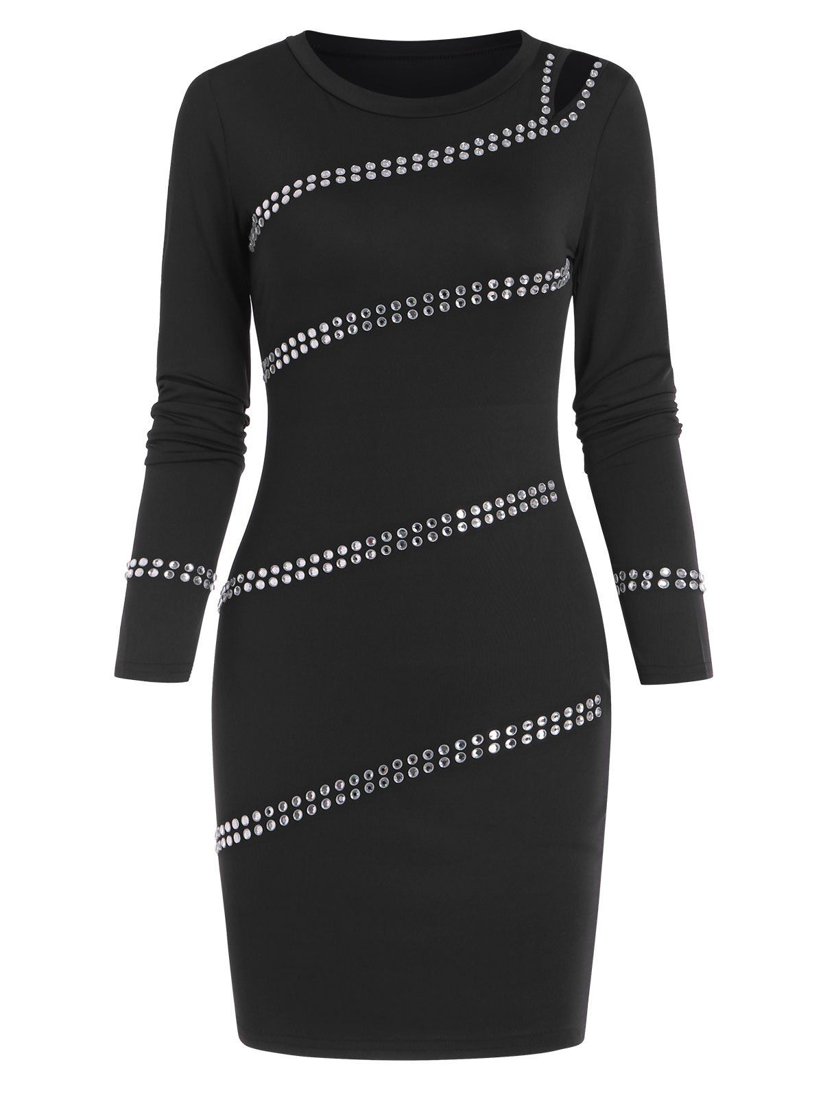 Rhinestone Embellished Cut Out Mini Slinky Dress - BLACK M