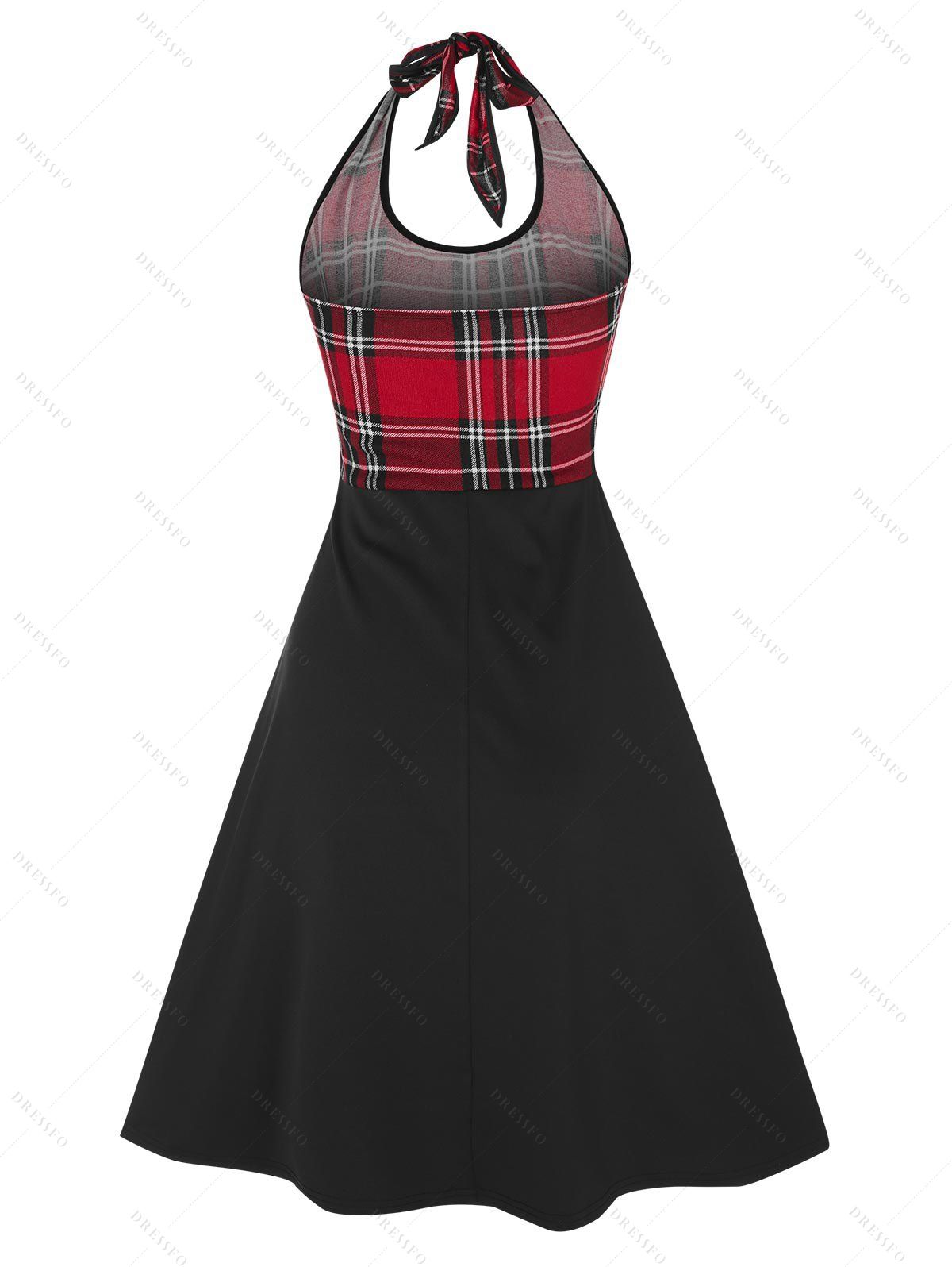 Plaid Print Pin Up Dress Grommet Lace Up Halter Bowknot Backless A Line Dress 