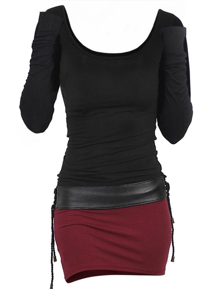 Contrast Colorblock Bicolor Lace Up Bodycon Mini Dress - BLACK XXL