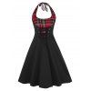 Vintage Halter Lace Up Plaid Pin Up Dress - BLACK L