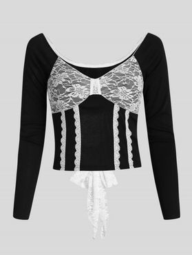 Lace Insert Tie Back Knotted Corset Style Crop T Shirt