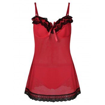 

Lace Mesh Bowknot Back Slit Padded Lingerie Dress, Red