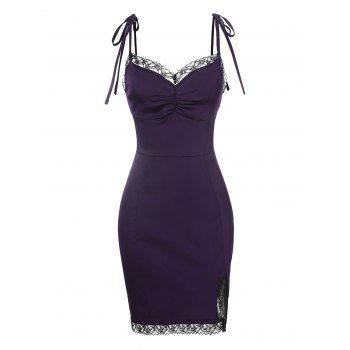 

Tie Strap Lace Trim Cami Slit Slinky Dress, Concord