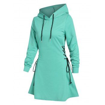 

Plain Lace Up Drawstring Hooded Dress, Light green