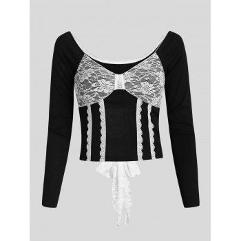 Lace Insert Tie Back Knotted Corset Style Crop T Shirt, Black