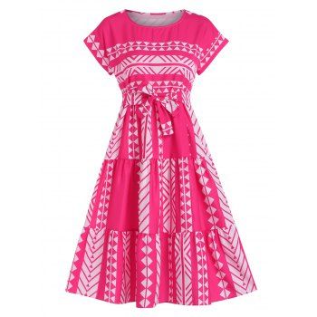 

Contrast Geometric Print A Line Dress Flounce Hem Tiered Belted Cap Sleeve Casual Dress, Red