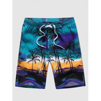 

Palm Tree Print Casual Beach Shorts, Blue