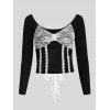 Lace Insert Tie Back Knotted Corset Style Crop T Shirt - BLACK L