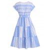 Contrast Geometric Print A Line Dress Flounce Hem Tiered Belted Cap Sleeve Casual Dress - LIGHT BLUE 2XL