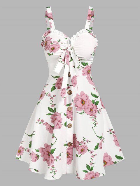 Floral Print Vacation Sundress Garden Party Dress Summer Ruffled Bowknot Mini Dress