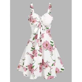 Summer Bowknot Floral Print Sundress Ruffled Mini Dress