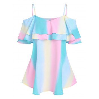 

Ruffled Ombre Rainbow Color Cold Shoulder Tee, Multicolor