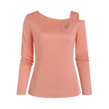 

Skew Collar Cutout Long Sleeve Tee, Light pink