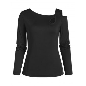 

Skew Collar Cutout Long Sleeve Tee, Black