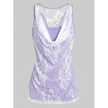 

Heathered Flower Leaves Pattern Lace Draped Tank Top, Light purple