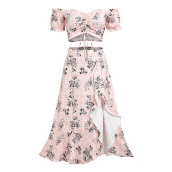 

Off The Shoulder Plaid Floral Print Two Piece Dress, Light pink