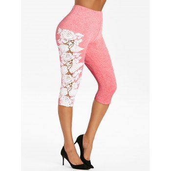 

Lace Crochet High Waist Capri Leggings, Light pink