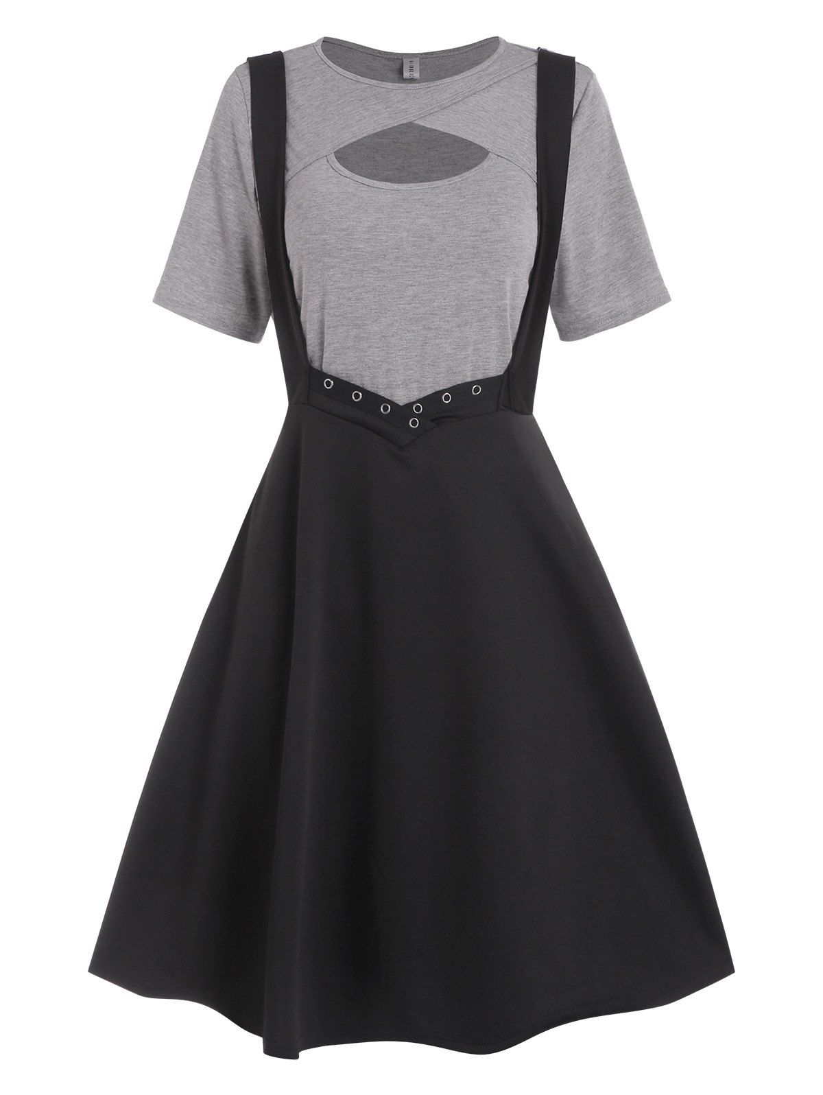 Grommet Criss Cross Cut Out Suspender Skirt Set - BLACK XL