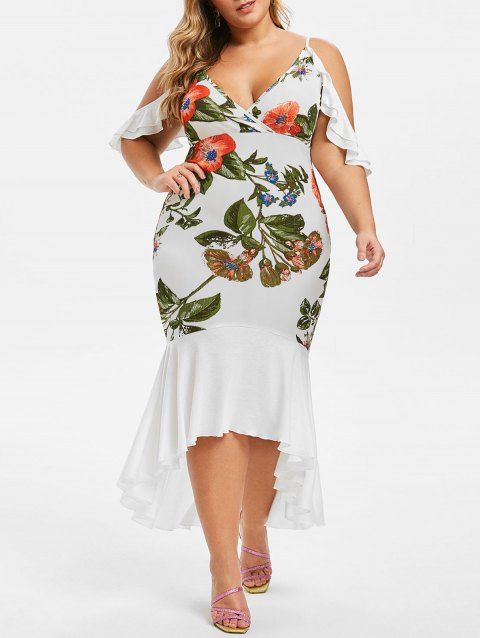 Plus Size Floral Print High Low Maxi Fishtail Dress