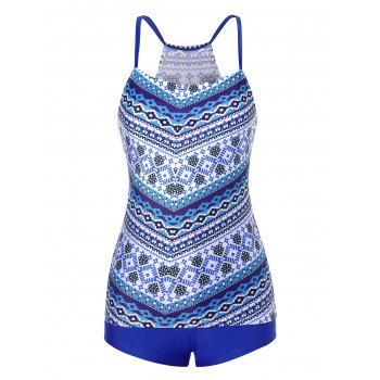 

Ethnic Geometric Floral Print Tankini Swimwear, Blue