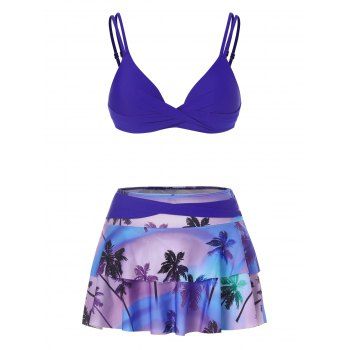

Coconut Tree Print Twisted Skirted Bikini Swimwear, Blue