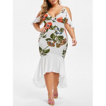 

Plus Size Floral Print High Low Maxi Fishtail Dress, White