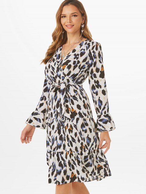Leopard Poet Sleeve Flounce Hem Belted Surplice Dress