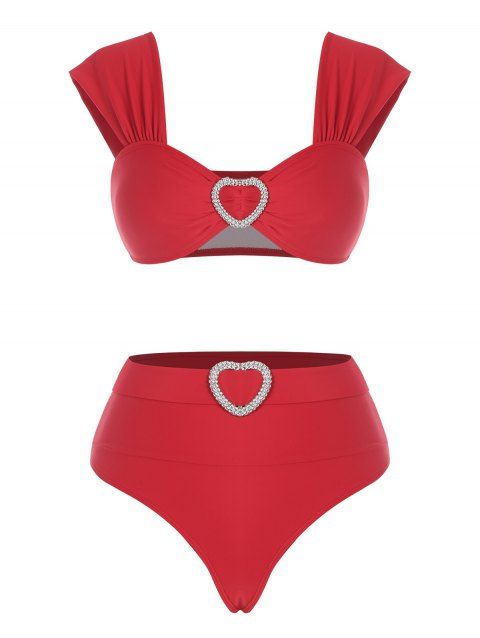 Maillot de Bain Bikini Ceinturé Cœur à Coupe Haute avec Strass