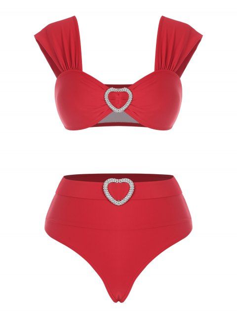 Rhinestone Heart Belted High Cut Bikini Swimwear