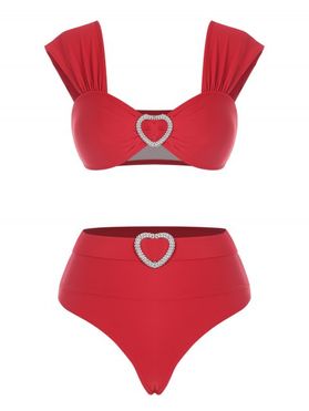 Maillot de Bain Bikini Ceinturé Cœur à Coupe Haute avec Strass