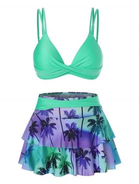 Tropical Palm Swimsuit Twisted Flounce Skort Bikini Swimwear Set