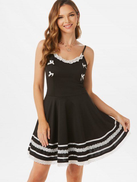 Frilled Lace Panel Striped Cami Bowknot Dress